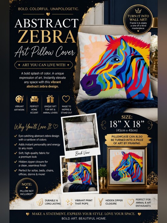 Other - Abstract Rainbow Zebra Art Pillow Cover | 18" x 18" | Colorful Modern Home Décor